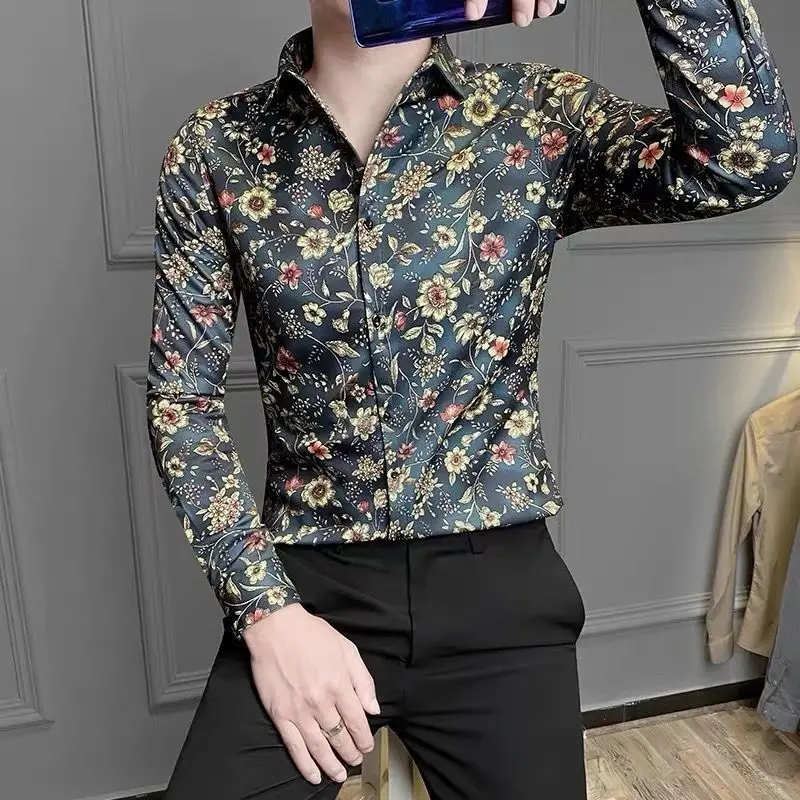 Flower Shirt Male Hong Kong Style Long Sleeve Korean Version Fashion Handsome Print Shirt Vintage Hair Stylist Fashion Top A3409