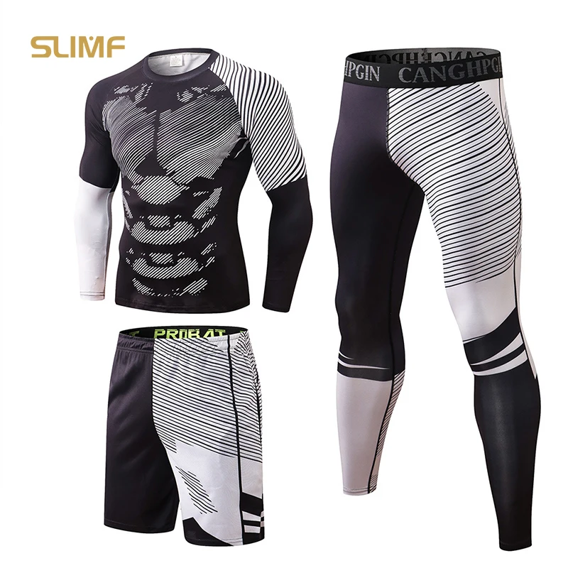 

SLIMF Men's Autumn and Winter Printed Fitness Suit Running Tight Top High Elastic Pants Training Suit Sports Three-piece Set