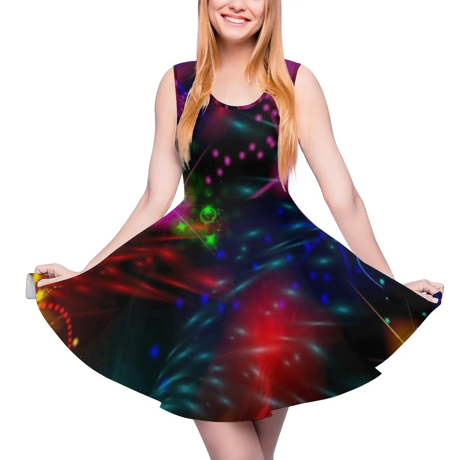 

Colorful Neon Paint Dress Swirls Stars Spirals Simple Dresses Female Sexy Skate Dress Summer Graphic Vestidos Large Size