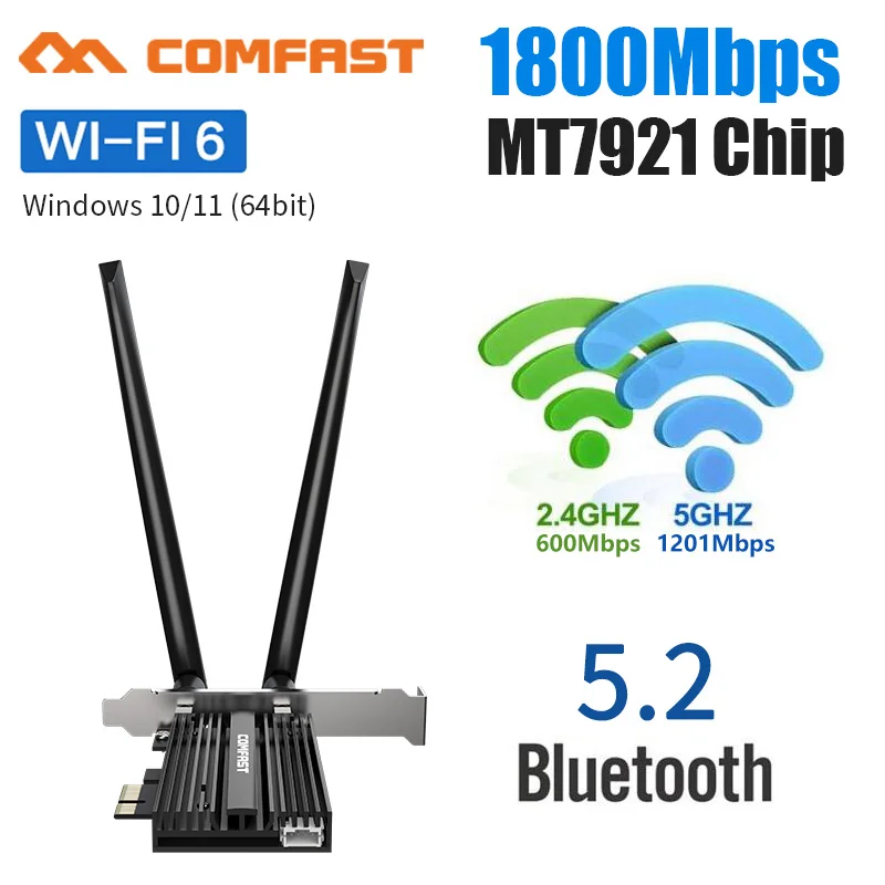 

1800Mbps WiFi 6 PCI-E Bluetooth Wireless Adapter MT7921 Chip BT 5.2 Pci express Network Card 2*5dbi Antenna for Windows 10/11