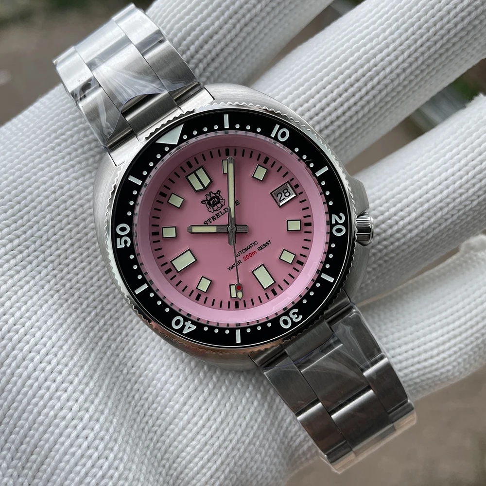 

SD1970B STEELDIVE Brand 44MM Case Pink Dial Black Ceramic Bezel 200M Waterproof NH35 Mens Automatic Dive Watches