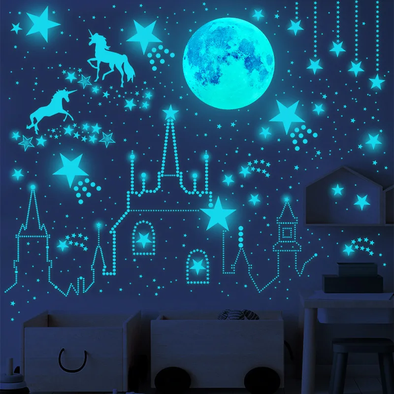 Luminous 3D Moon Stars Wall Stickers Glow In The Dark Unicorn Stickers For Kids Room Baby Bedroom Ceiling Home Decortion Decals
