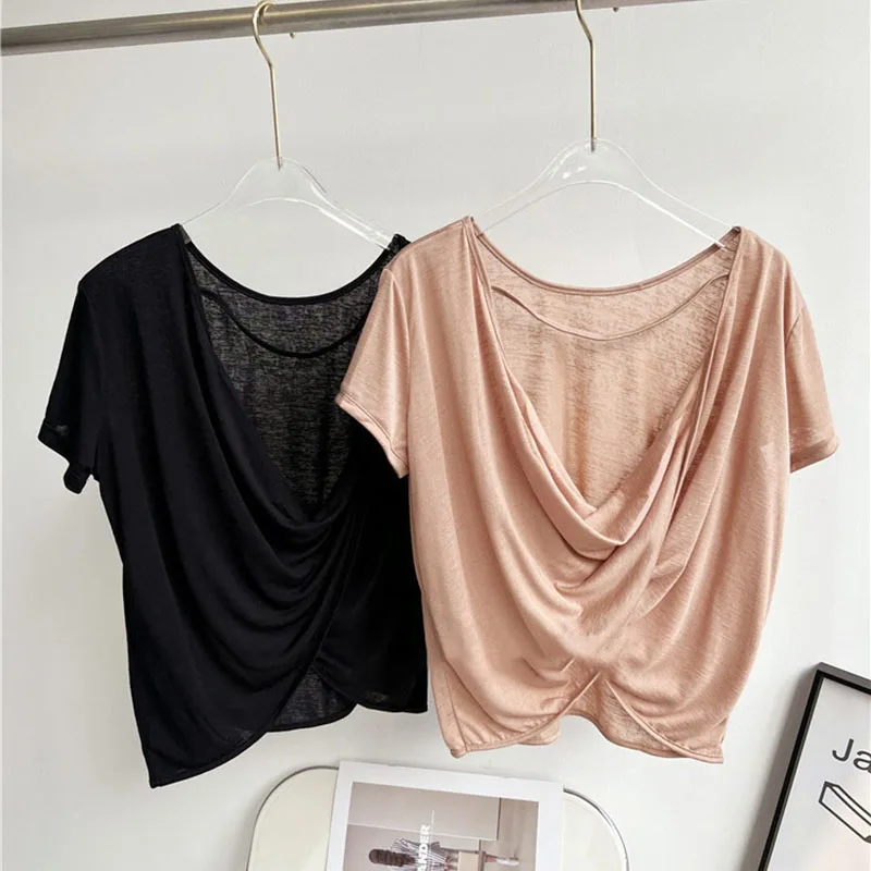 Lightweight Sexy Back Cropped Women Workout Shirts Twist  Brushed Gym Tank Tops Short Sleeve Summer Yoga Top