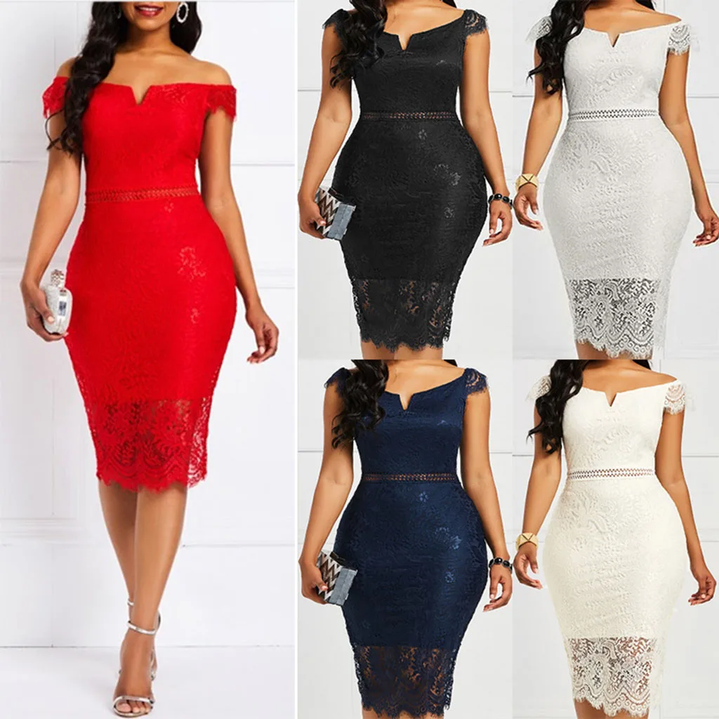 Women Lace Dress 2022 Gala Female Sexy Bare Shoulder V-neck Hollow Lace Skirt Skirt With Hip Wrap