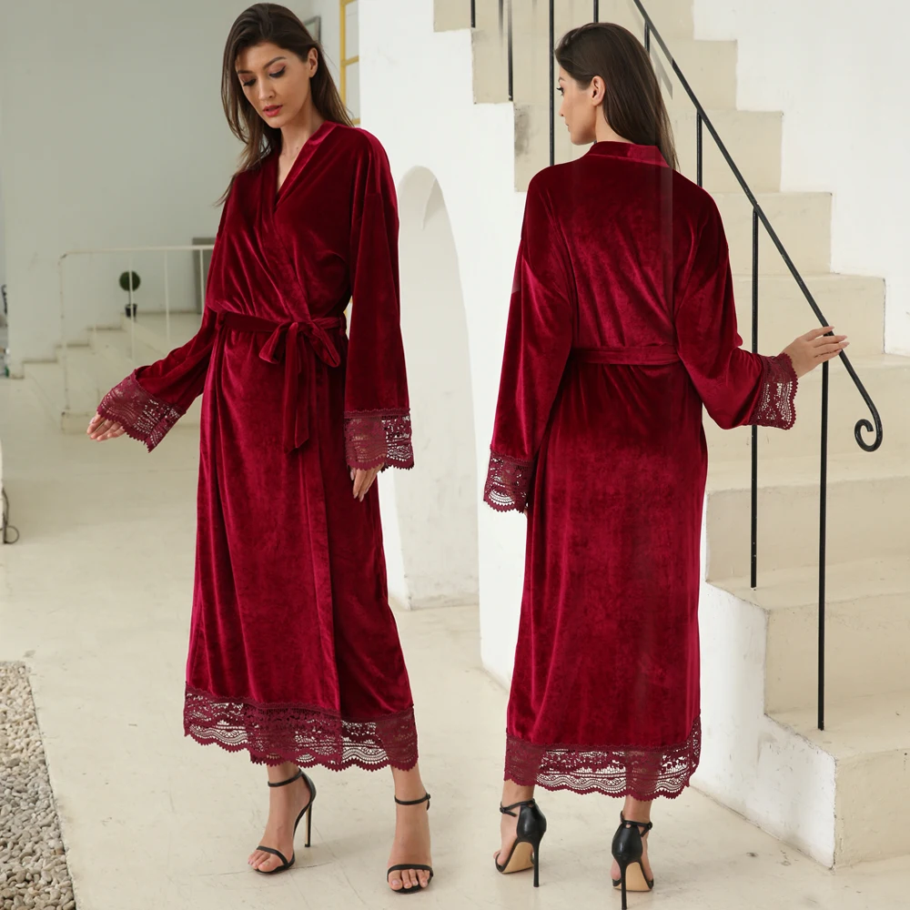 Long Solid Velvet Robe Bridal Robe Bridesmaid Robes Lace Trim Wedding Robe Sleepwear Bathrobe Dressing Long Gowns Length 130cm