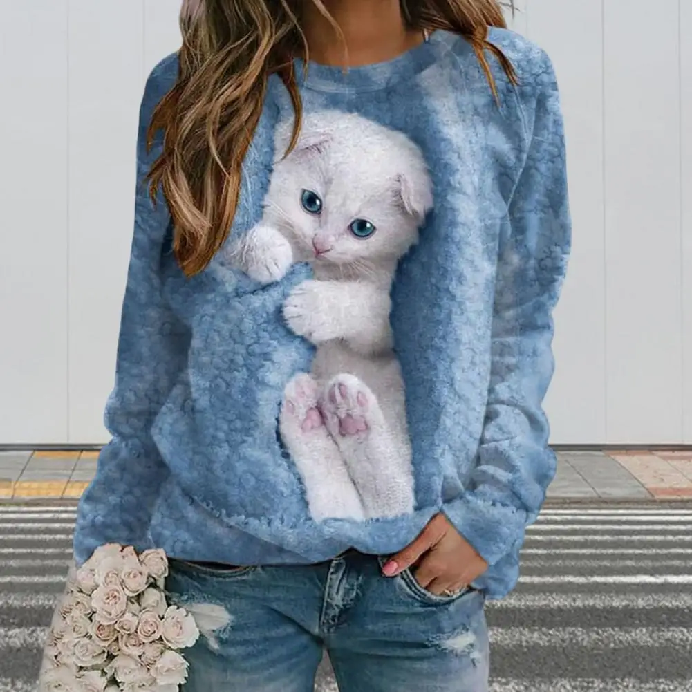 

Trendy Women Sweatshirt Breathable Casual Sweatshirt Elastic Lovely White Cat Print Casual Basic Sweatshirt Warm