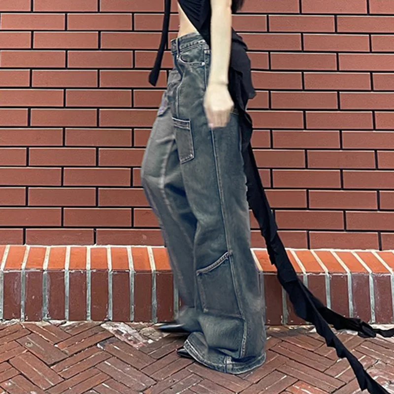 Streetwear Hip Hop Cargo Jeans Women Y2K Vintage Grunge Blue Denim Pants Oversize Retro Punk High Street Wide Leg Trousers