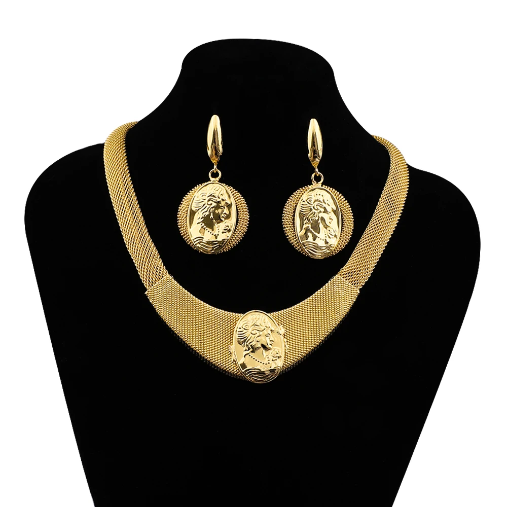 

Africa Gold Color Face Pendant Flat Necklace Charm Earring Jewelry Set Dubai Brazilian Nigerian Women Wedding Party Gifts