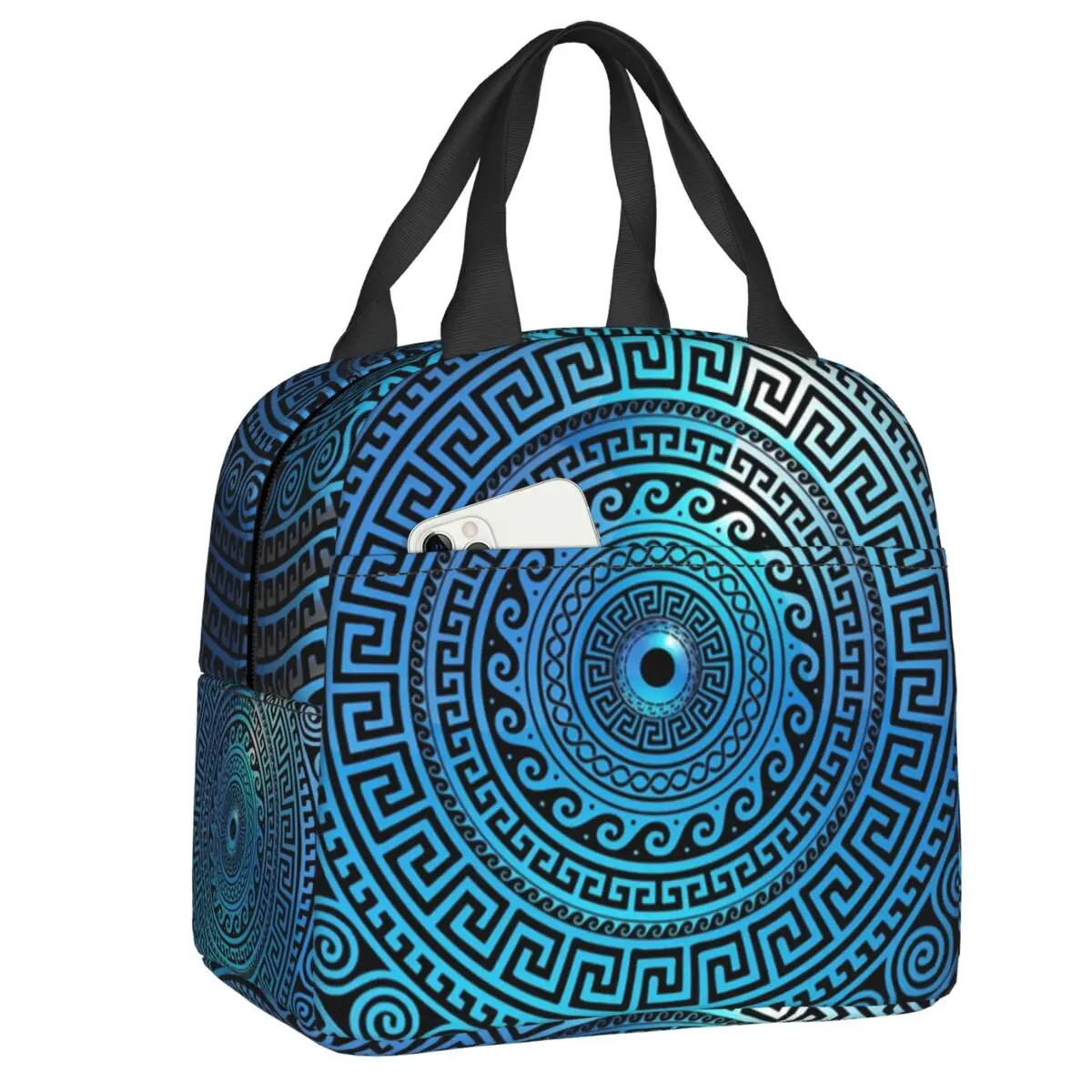 

Custom Mati Evil Eye Glass Sky Blue Meandros Patterns Lunch Bag Women Warm Cooler Insulated Lunch Boxes for Kids School