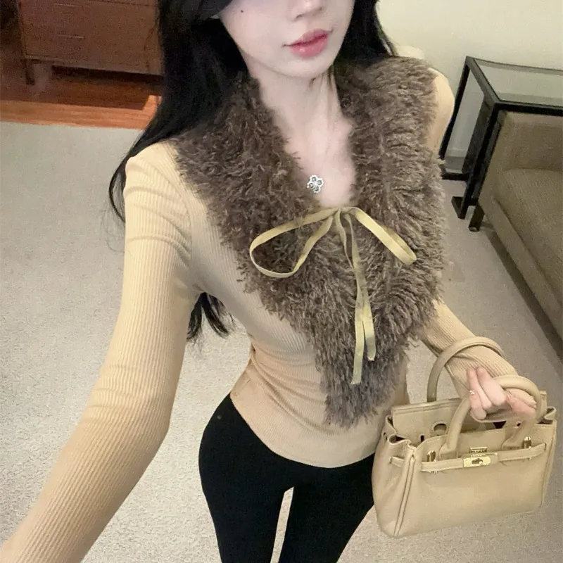 MiiiiX Ретро вязаная нижняя рубашка с меховым воротником на шнуровке женский свитер