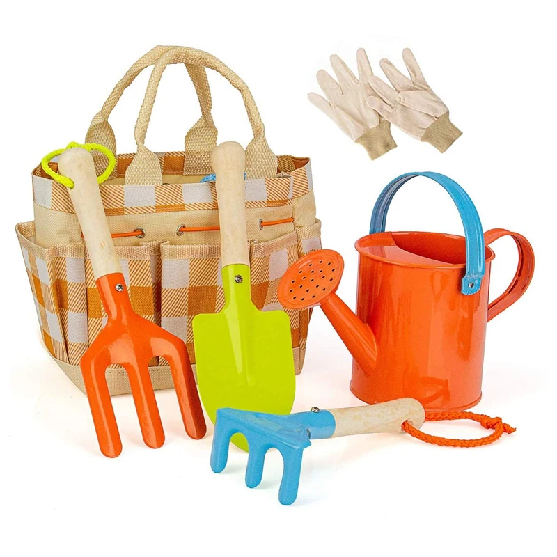 

JHD-Children Gardening Tools Set 5 PCS Kids Garden Tool Toys Including Watering Can Shovel Rake Trowel Glove Garden Toe Bag