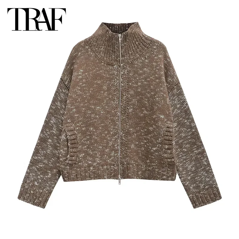 TRAF женский свитер вязаный короткий кардиганы осень-зима 2023 топ с длинными