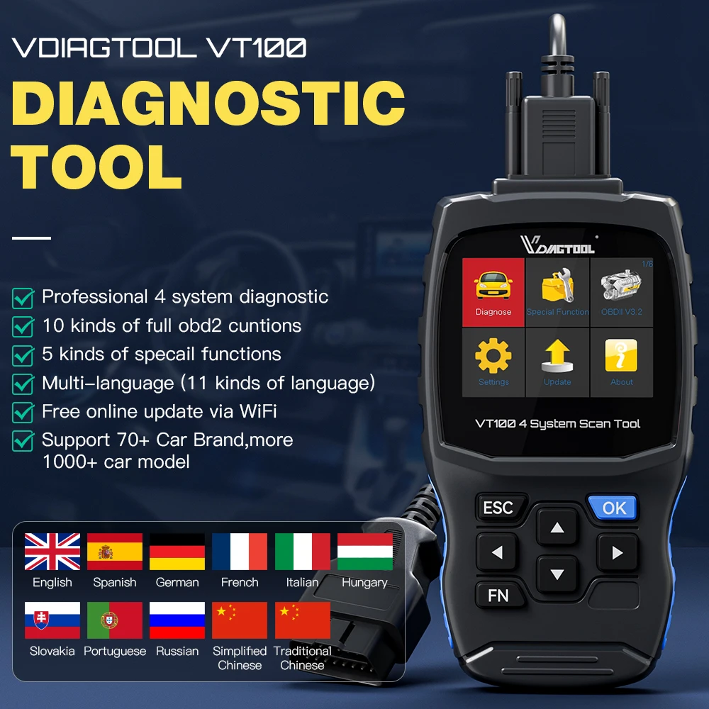 2022 Newest VDIAGTOOL VT100 Engine Analyzer OBD2 Diagnostic tools ABS SRS Transmission EOBD Code Reader Oil reset OBD 2 Scanner |