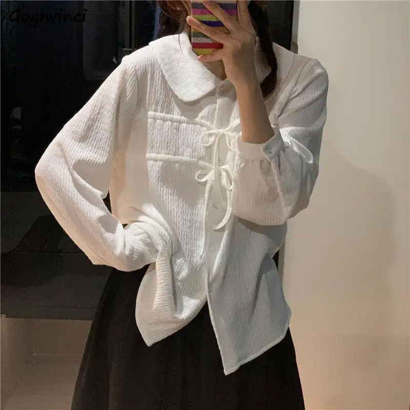 

Bandage Shirts Women Solid Elegant Trendy Preppy Style Kawaii Peter Pan Collar New Design Camisas De Mujer Ins Sweet Lady Basic