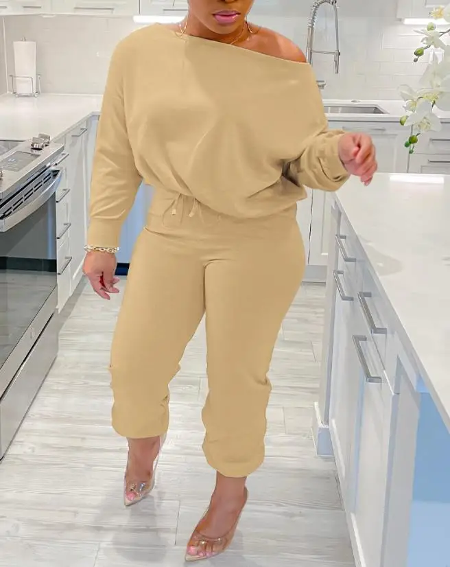 

Autumn Two Pieces Set for Women 2023 New Fashion Casual Solid Color Daily Commuting Skew Neck Top& Drawstring Long Pants Set
