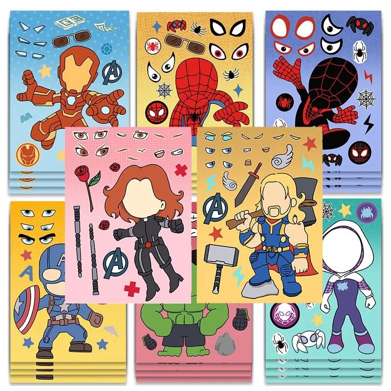 

8pcs Disney Marvel Spiderman and His Amazing Friends Stickers Puzzle Make-a-Face Game for Kids DIY Children Assemble Jigsaw Toys