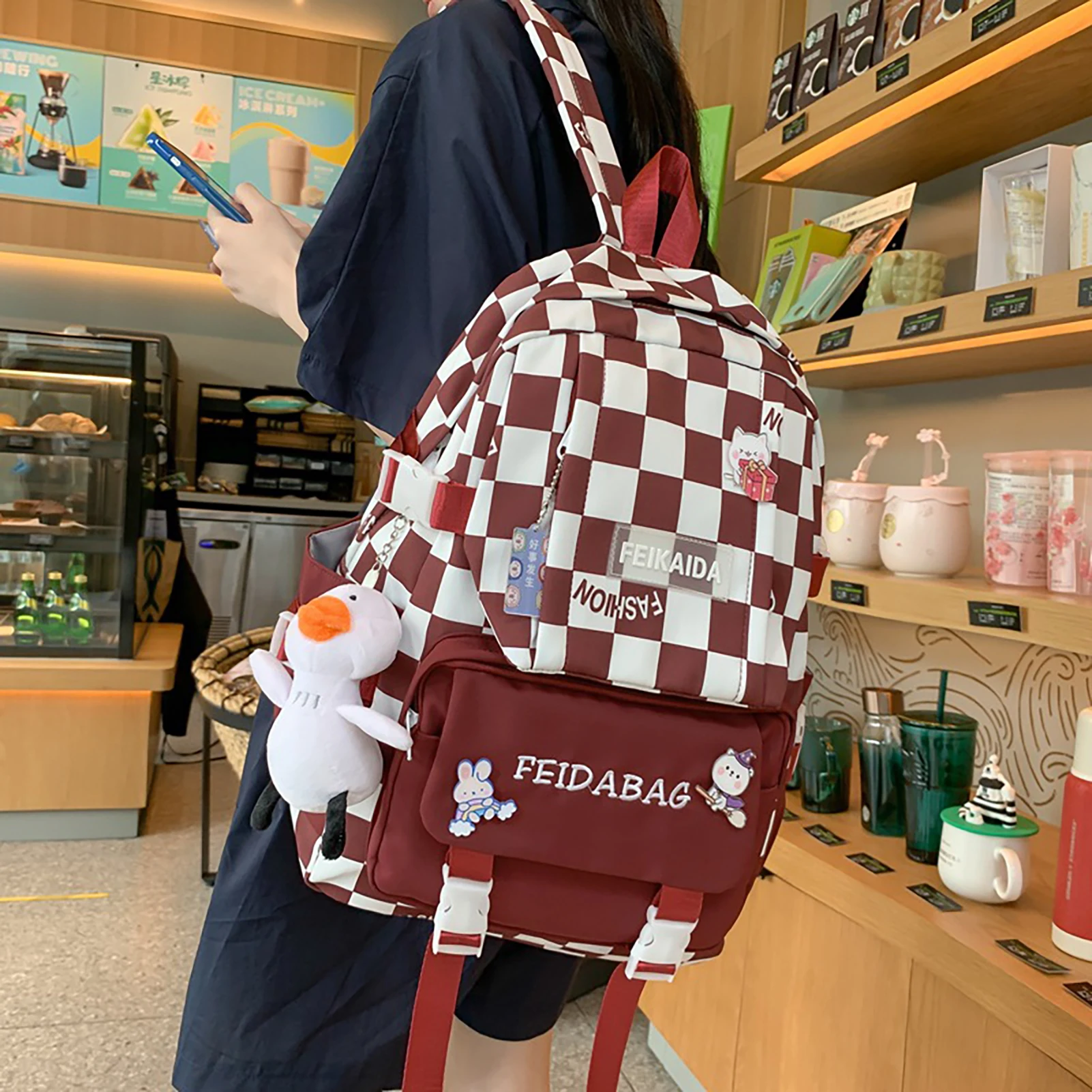 

Backpacks For Girls Teenagers | Stylish Casual Plaid Daypack Bag With Plush Pendant | Travel Business Large Capacity College Sch
