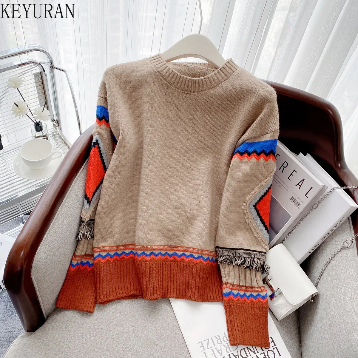 

2022 New Autumn Winter Sweater Women Pullovers Vintage O-Neck Long Sleeve Patchwork Jacquard Knitted Sweaters Jumper Y2k Clothes
