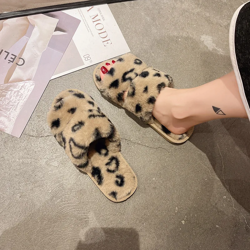 Large Size Flat Cotton Slippers Women's 2022 Autumn and Winter new European American Fashion Leopard Print One Word Fur Slippers