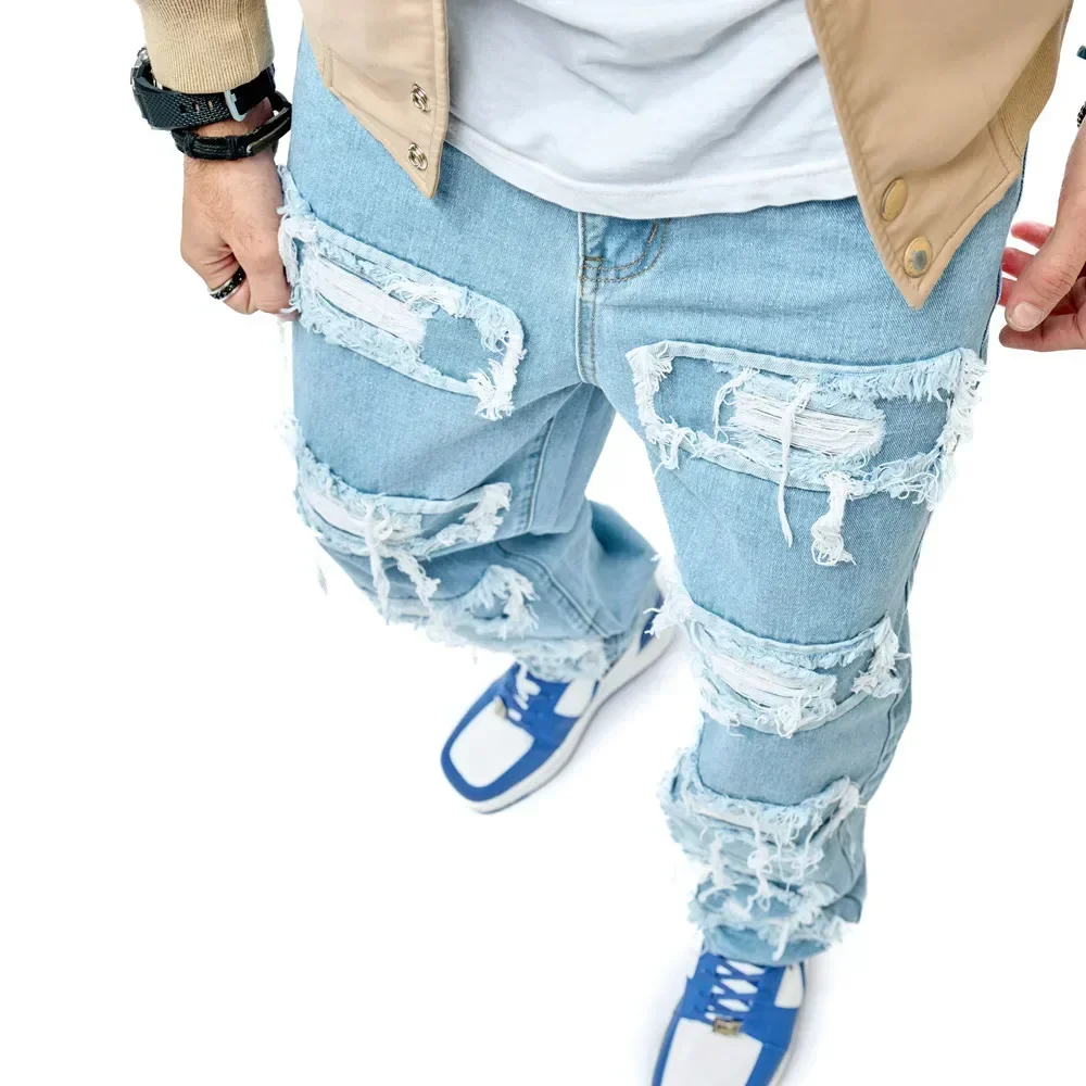 Джинсы мужские прямые в байкерском стиле свободные брюки из денима хип-хоп с