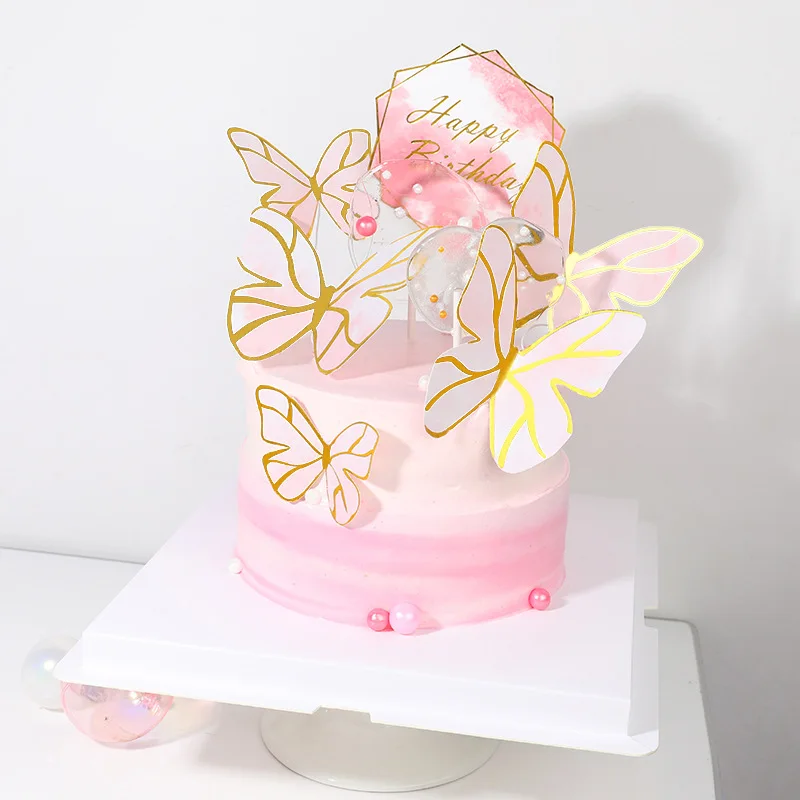 

DIY Stamping Gold Pink Butterfly Cake Toppers Happy Birthday Cake Decoration Wedding Party Decor Shower Dessert Baking Supplies