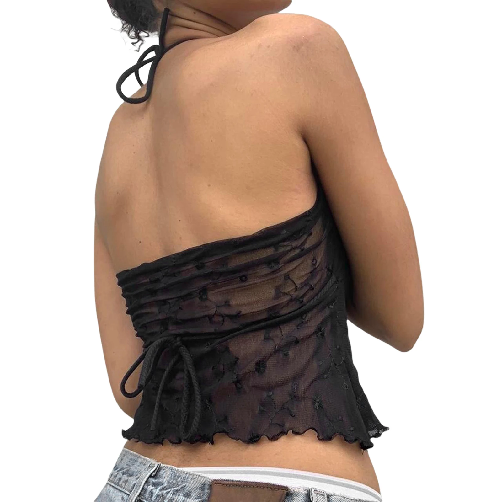 Сексуальный Кружевной топ на бретелях Y2k майка прозрачный завязках с лямкой