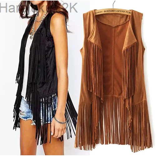 

Women Vest Sleeveless Leather Jacket Motorcycle Vest Tops Autumn Winter imitation ethnic suede tassels fringe vest Cardigan