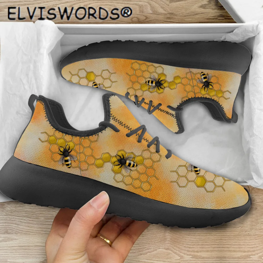 

ELVISWORDS Flats Brand Designer Shoes Women Bee and hive design Light Mesh Sneakers for Ladies Girls Casual Travel Footwaer