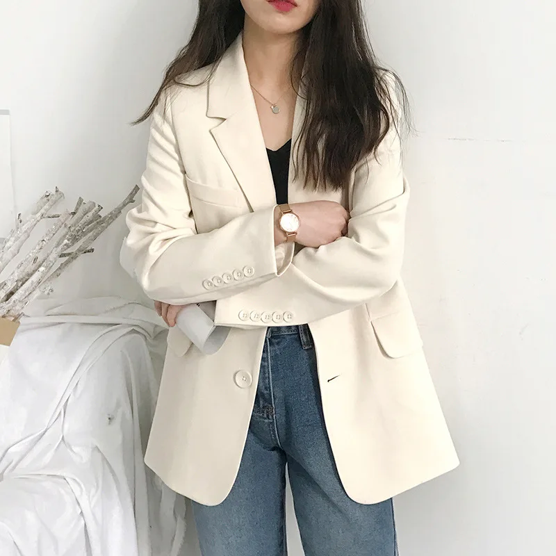 

Fashion White Long Sleeve Blazers for Woman Ulzzang Single Breasted Suits Jackets Ladies Solid Loose Office Coats Female Tops