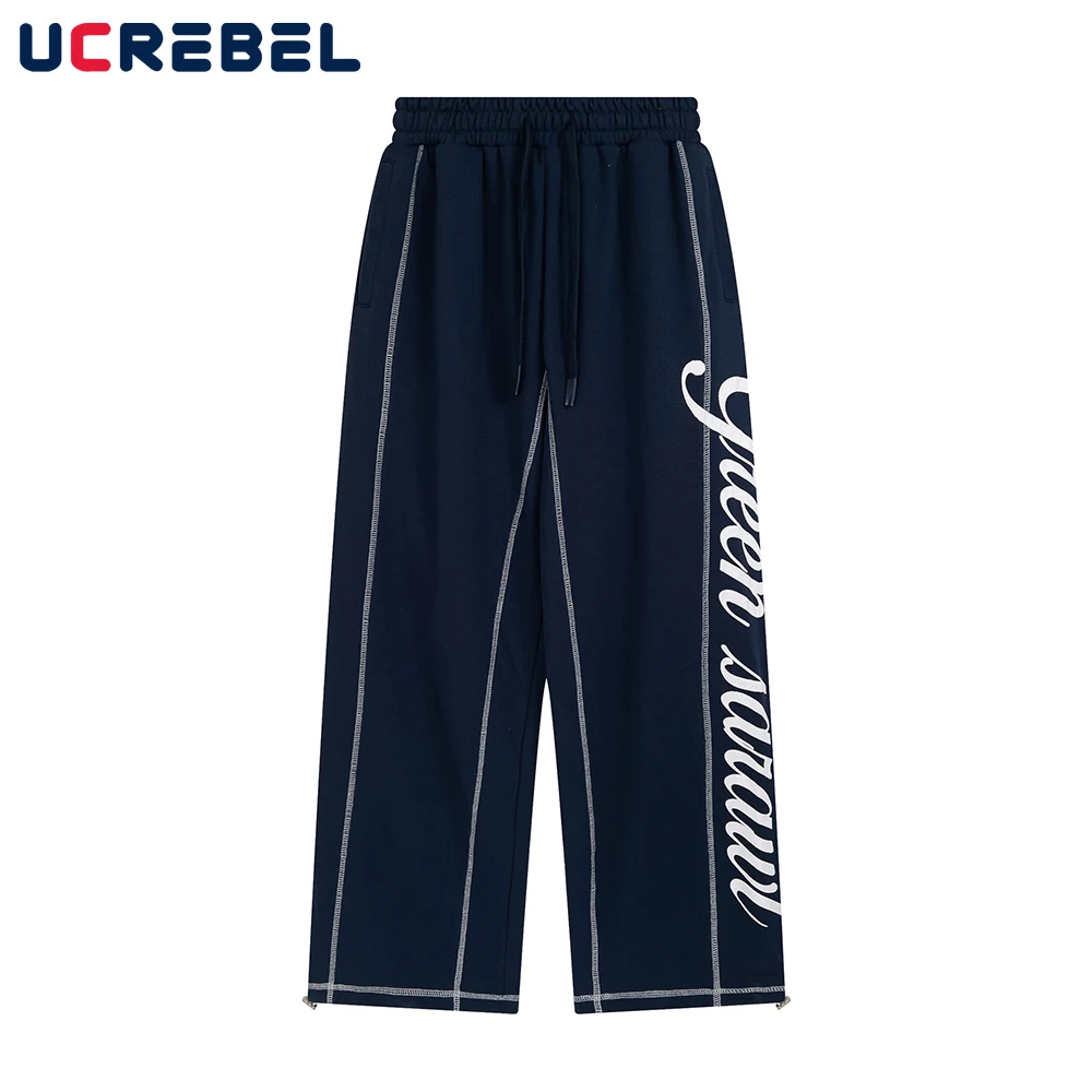 

Letter Print Elastic Waist Casual Pants Mens Streetwear Stitch Drawstring Loose Trousers Men