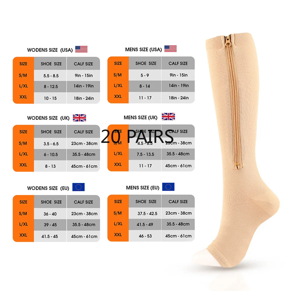 Sports Socks Compression Socks 20 PAIRS Compression Zipper Socks Compression Sock SPORT Elastic Socks with Zipper