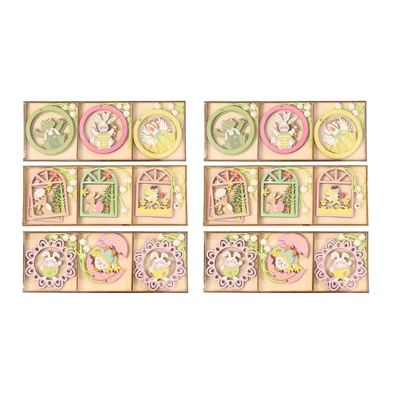 

6 комплектов пасхальных подвесок в виде кролика, подвесные картины в виде кролика, деревянные поделки, украшения «сделай сам», пасхальные ук...