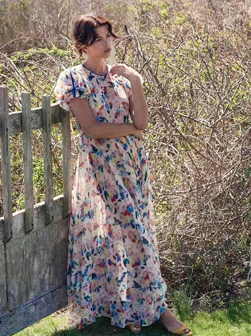 

Женское плиссированное платье с цветочным принтом, новое летнее женское платье миди с коротким рукавом-фонариком и завышенной талией, 2023