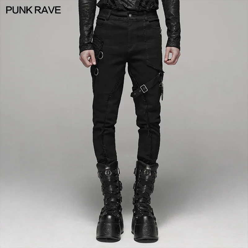 Фото PUNK RAVE мужские черные эластичные длинные брюки в стиле панк, готические модные повседневные мотоциклетные вечерние клубные брюки, мужская уличная одежда №1