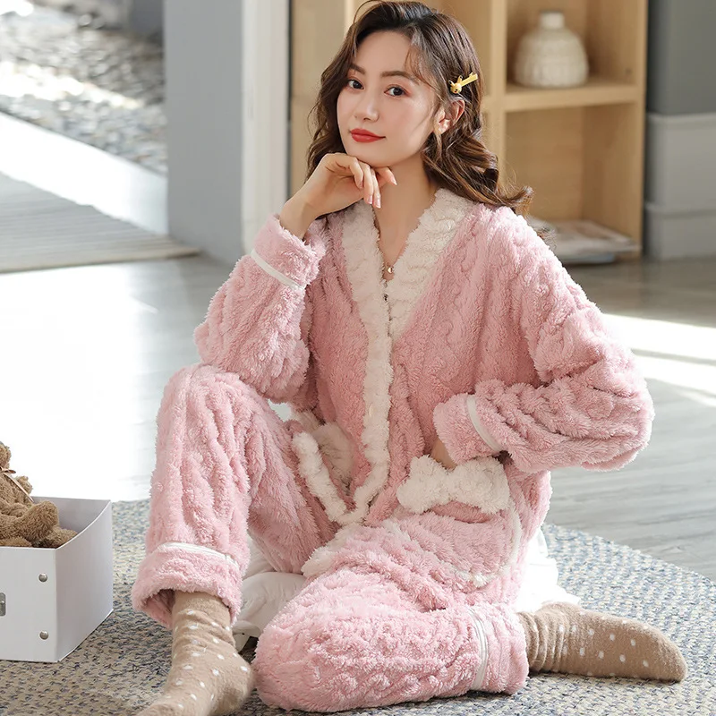 Winter Thickened Warm Women Flannel Pajamas Set Lovely Cardigan Kimono Coral Velvet Home Clothes Sleepwear Kawaii Loungewear