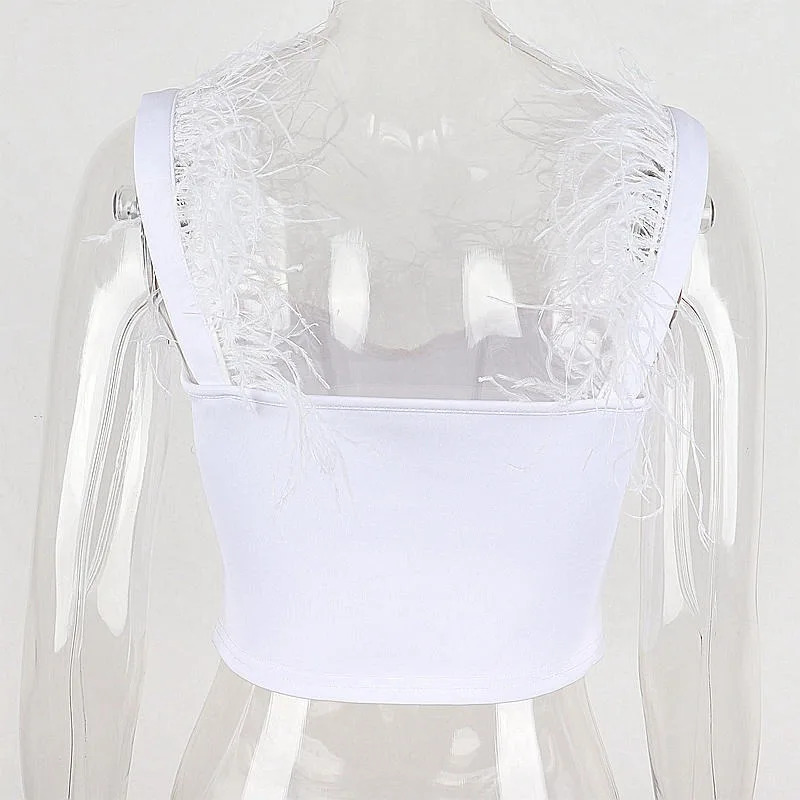 Женский укороченный топ-корсет цвет белый с перьями летний для вечевечерние