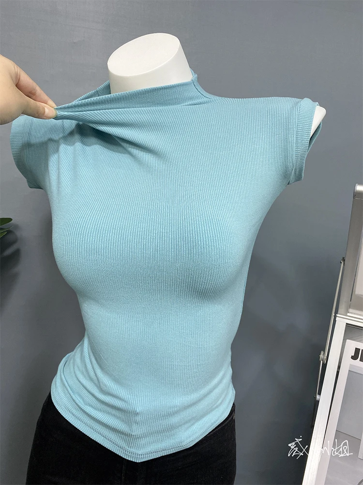 

Women's Blue T-Shirt Girl Harajuku Turtleneck Short Sleeve Slim T-Shirt Streewear Vintage 90s Aesthetic Y2k Top Tee Clothes 2023