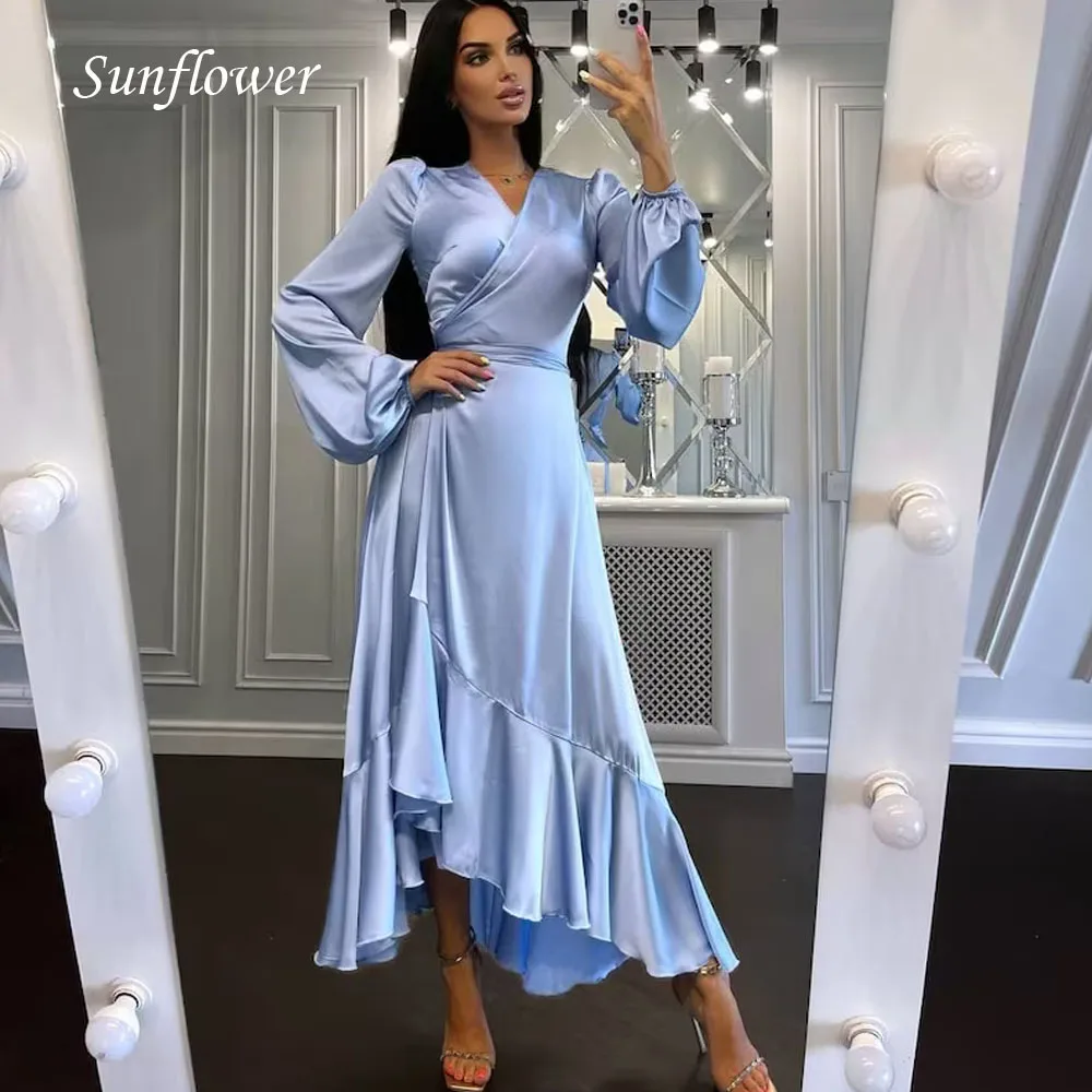 

Sunflower V-Neck Prom Gowns Long Sleeve Mermaid Evening Dress Slim Tiered Pleat Ruffles Party Dress 2023 Satin High-end Custom