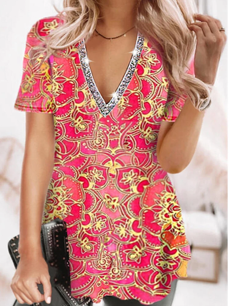 

2022 Women Fashion Summer Print Vintage Short Sleeve Tees Shirt Pullover Casual V-Neck Patchwork Loose T-Shirt Lidies Streewear