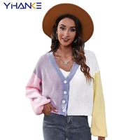 fashion long sleeve v neck knitted sweater colorblock contrast patchwork cardigan button crop top cropped cute jumper %d1%81%d0%b2%d0%b8%d1%82%d0%b5%d1%80