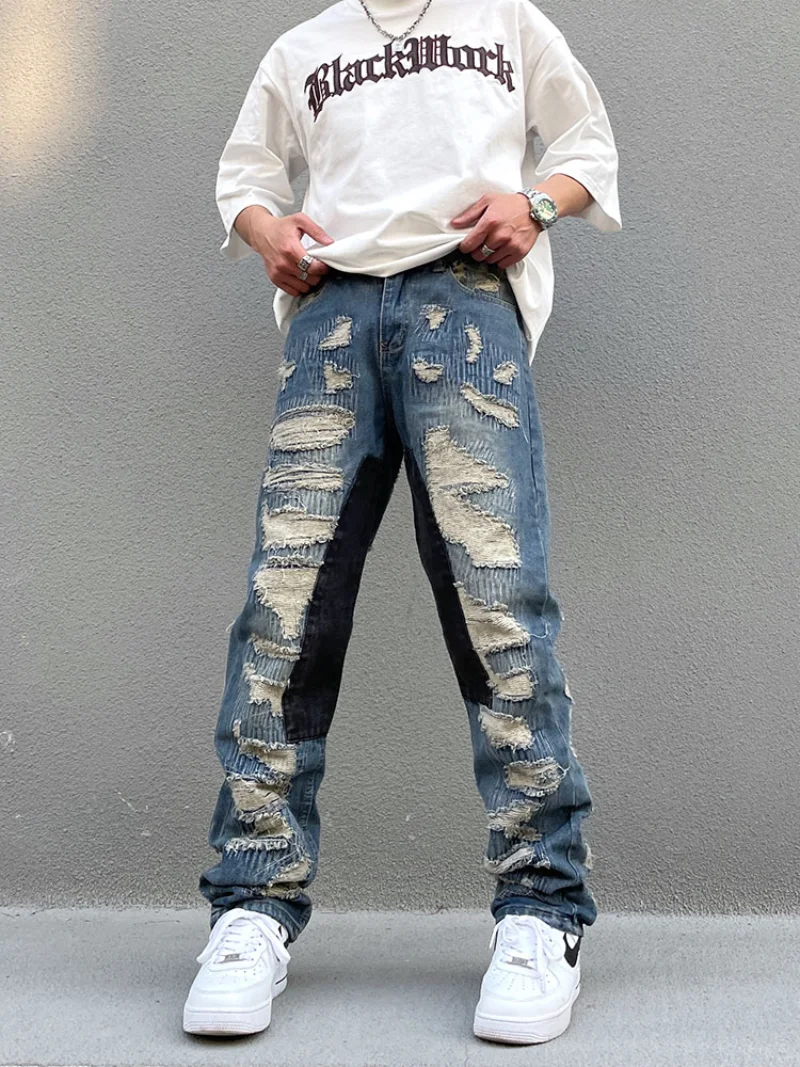 Destroy Ripped Scratched Patchwork Denim Jeans Mens Casual Straight Biker Zipper Trousers Streetwear Hip Hop Jean Pants Joggers