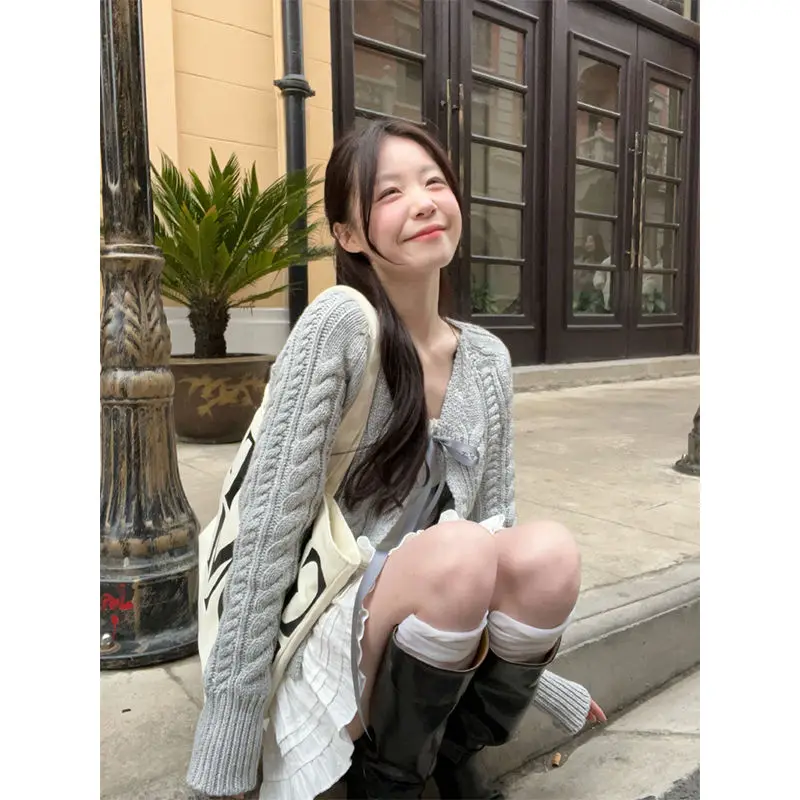 Корейские модные серые кардиганы для женщин милая бандажная кокетка с бантом