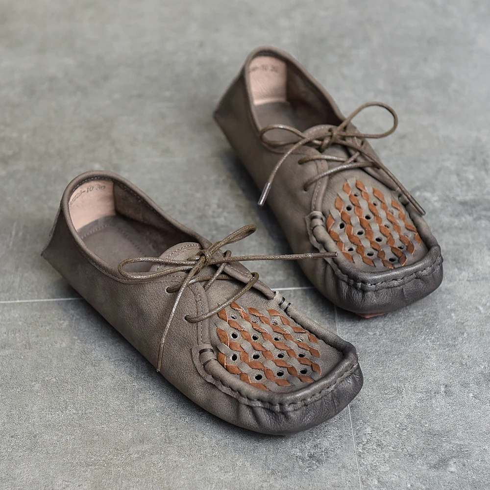 

2022 New Fashion Women Summer Cow Genuine Leather Luxury Casual Shoes Ladies Designer Retro Flats Square Toe Shoes Brown Gray