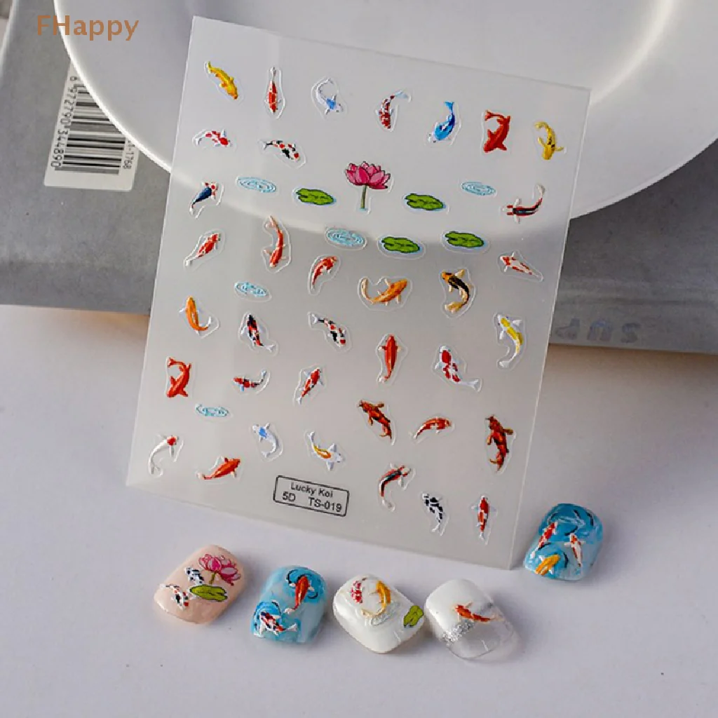 

Lucky Koi Рыба Лотос 5D наклейки для ногтей яркие Рельефные ленты Стикеры для маникюра для девочек