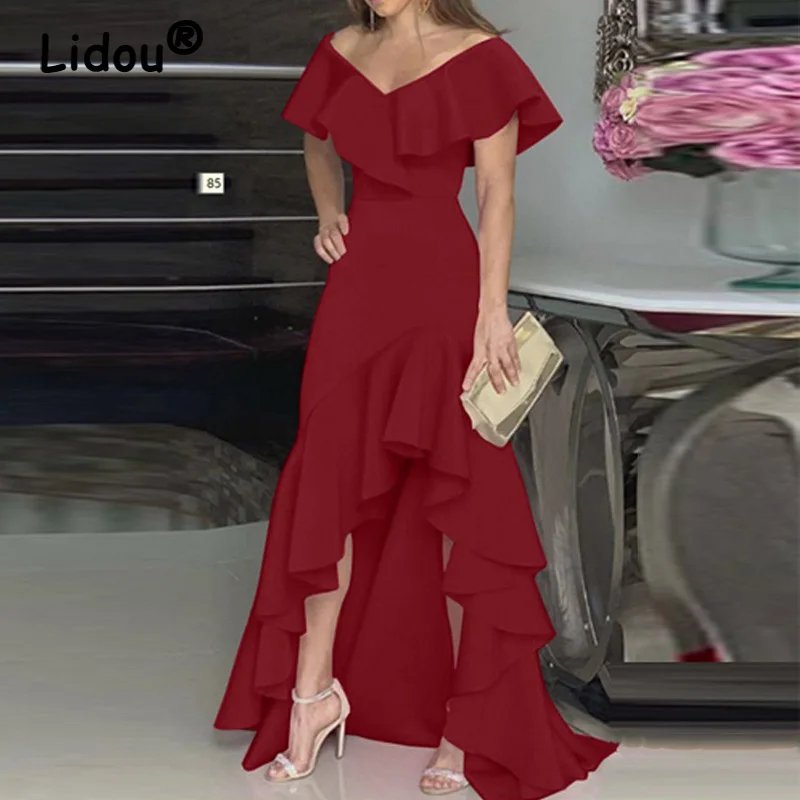 Купи Women Elegant Irregular Ruffles Vintage Evening Party Solid Long Dress 2022 Summer Sexy V Neck High Waist Female Prom Dresses за 1,468 рублей в магазине AliExpress