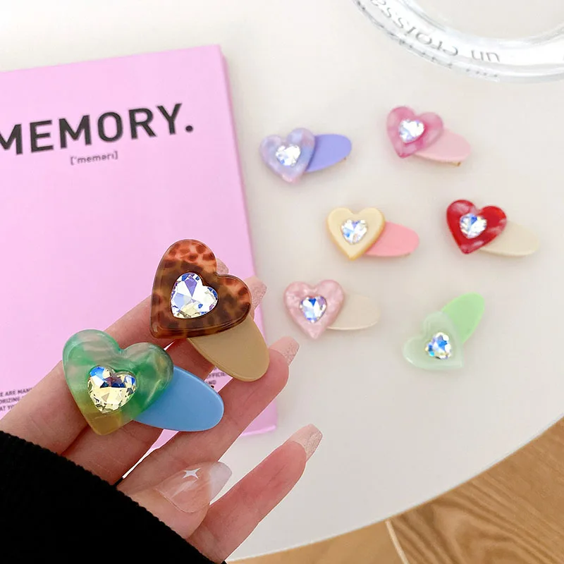 

Ins Hot Sale Cute 4cm Love-Heart Oval Rhinestones DuckBill Clip For Sweet Girls Acetic Acid Bangs Clip Hair Clip