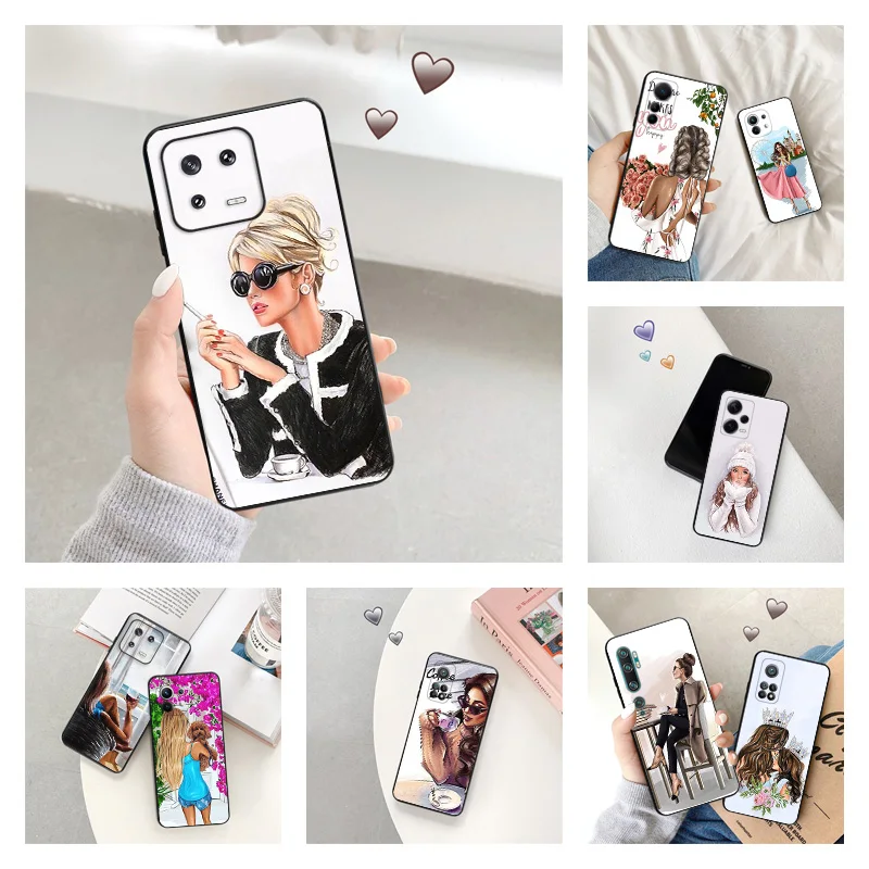 

Силиконовые черные чехлы для телефонов Xiaomi Redmi Note 12 Pro 11 SE 11 S A1 Plus 10C Prime 11E 11T 10 Lite 10S, Модный чехол с городской девушкой