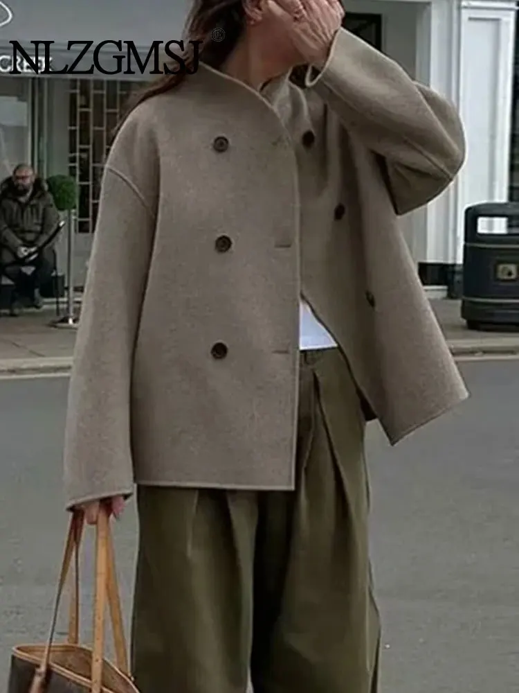 Женское шерстяное пальто TRAF укороченное двубортное с длинным рукавом верхняя