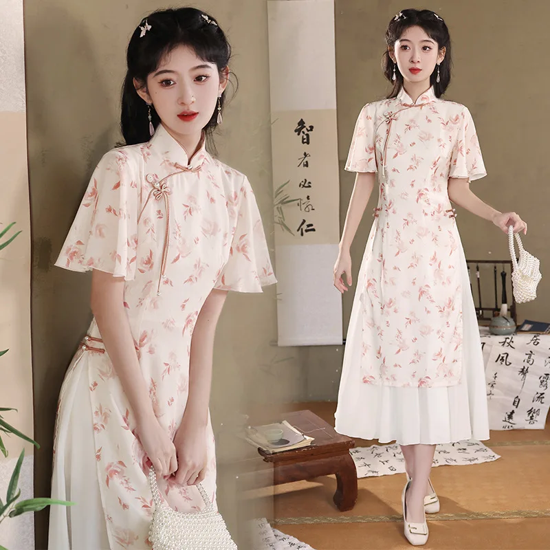 Новинка весна-лето 2024 улучшенное повседневное длинное приталенное платье Ципао