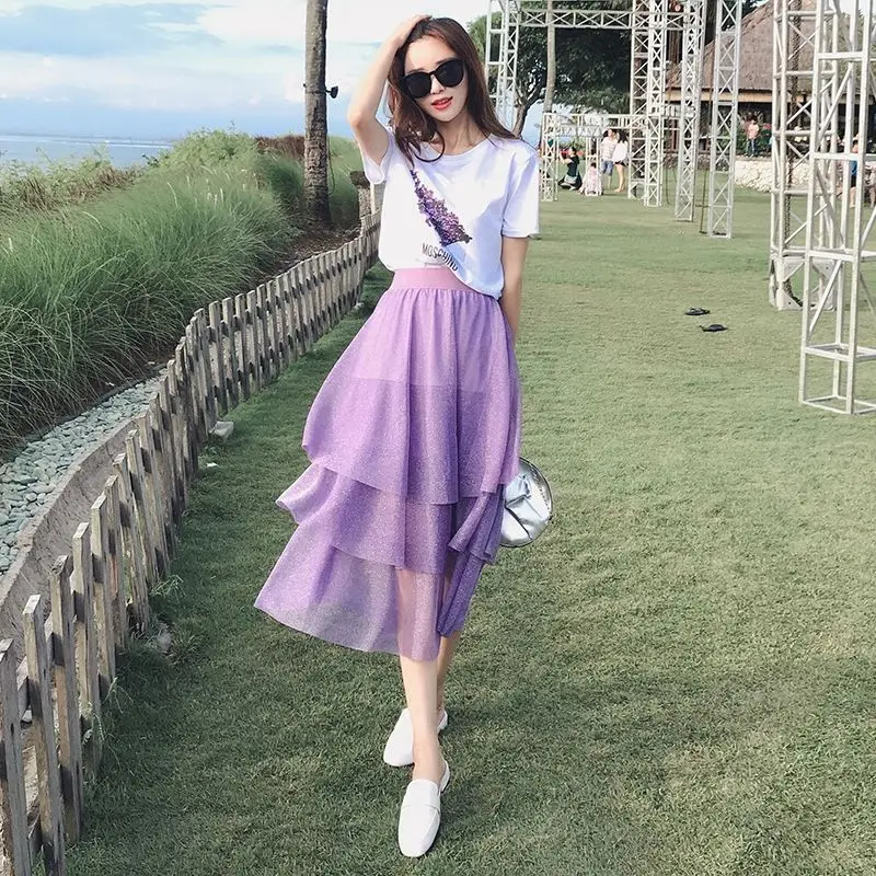 

Юбка женская сетчатая, элегантная сказочная элегантная вечерняя простая тонкая свободная из фиолетового тюля, для отдыха, Ulzzang, на лето